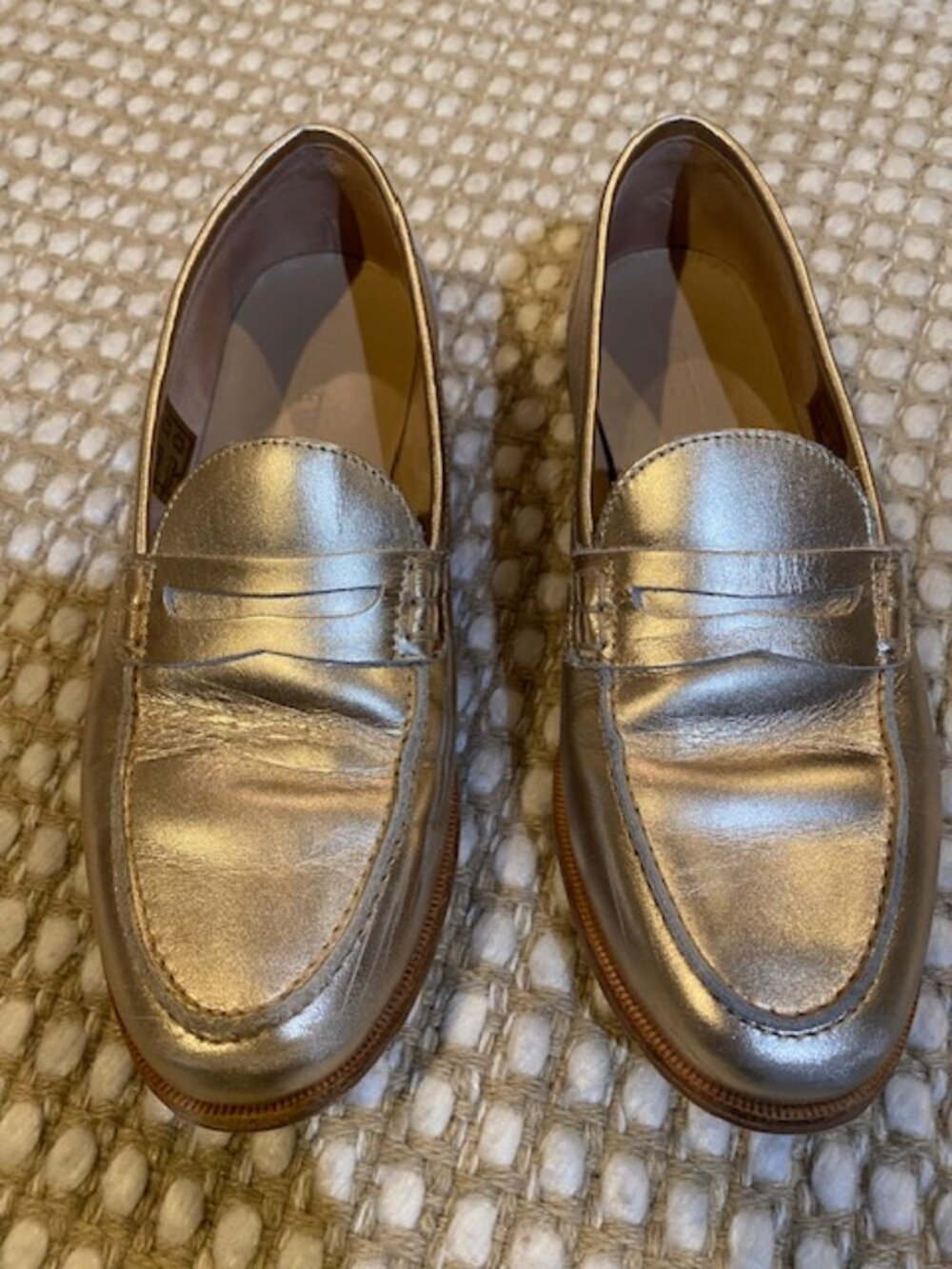 J.Crew Metallic Gold Leather Penny Loafers - Excellent Condition - Women Size 8